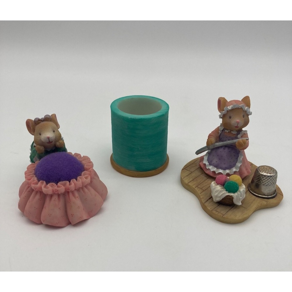 Vintage Mouse Sewing Set 3pc Pin Cushion Tape Spool Magnetic Thimble Holder